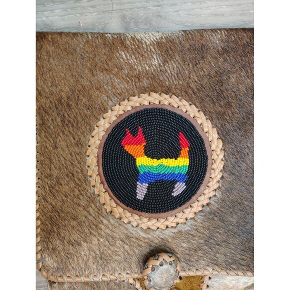 Handmade Leather Cowhide Beaded Crossbody Purse, Rainbow Cat, Pride Fringe Boho - Picture 2 of 7
